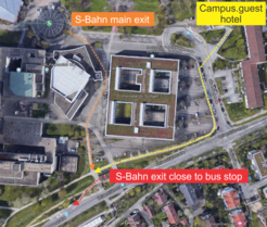 Walking instructions from the S-Bahn station "Universität" and hotel Campus.guest to the bus stop "Universität". Click to enlarge.